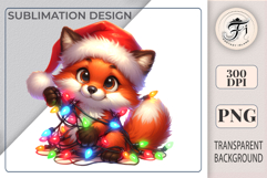 Cute Christmas fox PNG in Santa hat with lights. High-quality kawaii holiday clipart for cards, stickers, gifts, planners &amp; more.