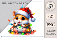 A cartoon hamster wearing a Santa hat with a garland is the perfect Christmas PNG clipart for festive designs and printing.