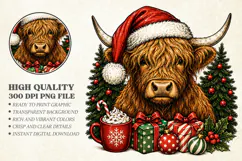 Cute Christmas Highland Cow Santa Hat PNG, Festive Holiday Product Image 1