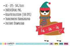 Festive llama clipart with holiday themed decorations