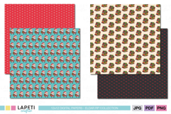 Set of Christmas digital papers with Santa and elf patterns, perfect for holiday cards, wrapping paper, and scrapbooking projects.