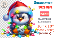 Adorable cartoon penguin in Santa hat with Christmas lights. Perfect for cards, mugs, shirts, and festive winter designs