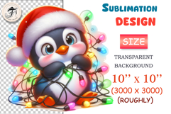 Adorable cartoon penguin in Santa hat with Christmas lights. Perfect for cards, mugs, shirts, and festive winter designs