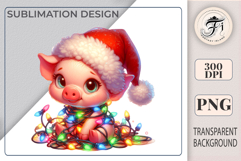Adorable Christmas piglet in Santa hat and festive lights. Perfect PNG for holiday cards, crafts, and winter projects