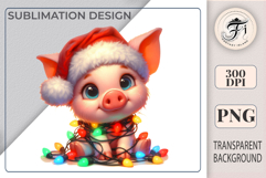 Adorable Christmas piglet in Santa hat and festive lights. Perfect PNG for holiday cards, crafts, and winter projects