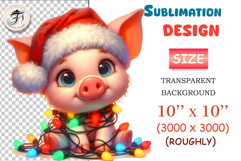 Adorable Christmas piglet in Santa hat and festive lights. Perfect PNG for holiday cards, crafts, and winter projects