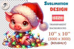 Adorable Christmas piglet in Santa hat and festive lights. Perfect PNG for holiday cards, crafts, and winter projects