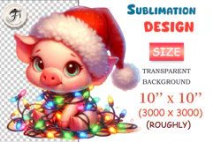 Adorable Christmas piglet in Santa hat and festive lights. Perfect PNG for holiday cards, crafts, and winter projects