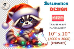 Cute Christmas raccoon PNG in Santa hat with lights. Perfect for cards, stickers, kids holiday prints and cozy winter designs.