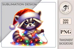 Cute Christmas raccoon PNG in Santa hat with lights. Perfect for cards, stickers, kids holiday prints and cozy winter designs.