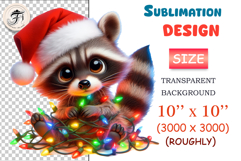 Cute Christmas raccoon PNG in Santa hat with lights. Perfect for cards, stickers, kids holiday prints and cozy winter designs.