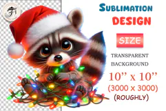 Cute Christmas raccoon PNG in Santa hat with lights. Perfect for cards, stickers, kids holiday prints and cozy winter designs.
