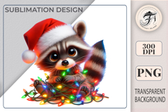 Cute Christmas raccoon PNG in Santa hat with lights. Perfect for cards, stickers, kids holiday prints and cozy winter designs.