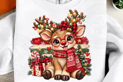 Cute Christmas Reindeer, Heart Glasses, Buffalo Plaid Bow & Product Image 1
