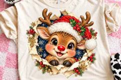 Cute Christmas Reindeer Santa Hat Torn Paper Holiday PNG Product Image 1