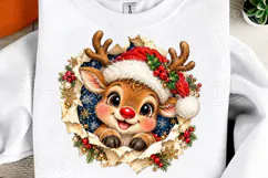 Cute Christmas Reindeer Santa Hat Torn Paper Holiday PNG Product Image 2