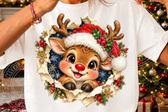 Cute Christmas Reindeer Santa Hat Torn Paper Holiday PNG Product Image 3