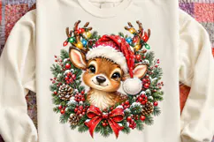 Cute Christmas Reindeer Santa Hat & Christmas Lights Wreath Product Image 4