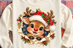 Cute Christmas Reindeer Santa Hat Torn Paper Holiday PNG Product Image 4