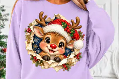 Cute Christmas Reindeer Santa Hat Torn Paper Holiday PNG Product Image 5
