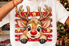 Cute Christmas Reindeer Red Nose & Rustic Red Stripe Holiday Product Image 3