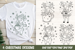 White t shirt with cute Christmas reindeer holding hot cocoa and three additional reindeer SVG designs with mug, gift and lights.