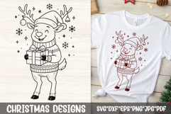 Cozy Christmas reindeer in sweater—gift box, snowflakes, decorated antlers SVG for shirts, mugs, pajamas, cards, stickers.