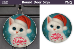 Cute Cat Round Sign | Merry Christmas Door Sign Product Image 1