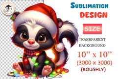Adorable Christmas skunk with Santa hat and holiday lights. Perfect for cards, mugs, and festive crafts. High-quality PNG with transparent background.