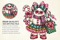 Cute Christmas Snowman Coquette Bow Girl PNG, Candy Cane Product Image 1