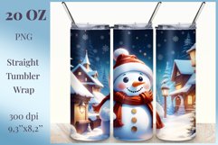 Christmas illustration of a cute snowman against a background of snow and Christmas trees, sublimation design tumbler wrap