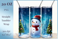 Christmas illustration of a cute snowman against a background of snow and Christmas trees, sublimation design tumbler wrap