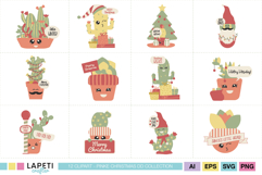 Kawaii Christmas cactus and succulent clipart set with festive pots, Santa hats, and Christmas lights, PNG and SVG bundle.