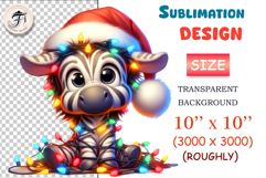 Cute baby Christmas zebra PNG with lights and Santa hat. High-res holiday clipart for kids prints, cards, stickers, POD designs and winter projects.