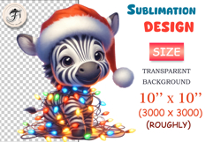 Cute baby Christmas zebra PNG with lights and Santa hat. High-res holiday clipart for kids prints, cards, stickers, POD designs and winter projects.