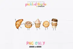 This PNG set includes five charming food characters with soft brown, cream, pink, and golden colors and a hand-painted watercolor appearance.