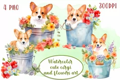 Watercolor Clipart. Watercolor cute corgi and flowers art Product Image 1