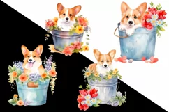 Watercolor Clipart. Watercolor cute corgi and flowers art Product Image 2