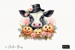 Pastel Pink Watercolor Cow Clipart | Watercolor Halloween Product Image 1