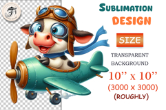 Cute cartoon cow pilot flying a vintage airplane, watercolor sublimation clipart for kids, nursery decor, stickers, t-shirts, and greeting cards.