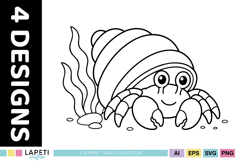 Beach hermit crab digital stamp scene with seaweed in kawaii outline style
