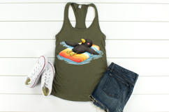 Summer-themed crow clipart with a playful, relaxed pose on a pool float, designed for high-quality printing on apparel and accessories.