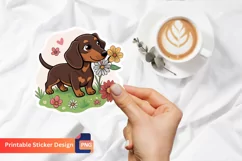 Cute Dachshund Puppy Flowers Sticker, Puppy Sticker Product Image 1
