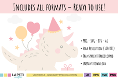 Close up of pink dinosaur birthday clipart with balloons and gift, showing PNG SVG EPS AI formats.