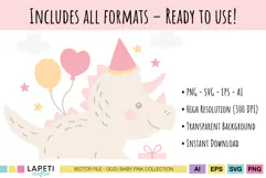 Close up of pink dinosaur birthday clipart with balloons and gift, showing PNG SVG EPS AI formats.