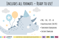 Close up of cute blue dinosaur birthday clipart with balloons and gift, showing available formats PNG SVG EPS AI.