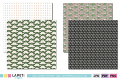 Set of four Christmas digital papers with adorable dinosaurs, presents, and seasonal patterns in green, beige and black tones for DIY projects.