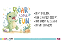 Green baby dinosaur illustration with colorful lettering for nursery printables and stickers
