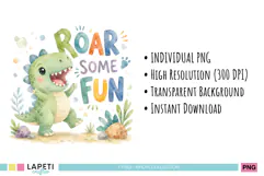 Green baby dinosaur illustration with colorful lettering for nursery printables and stickers