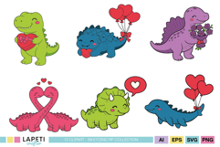 Kawaii Valentine dinosaurs holding gifts and balloons
